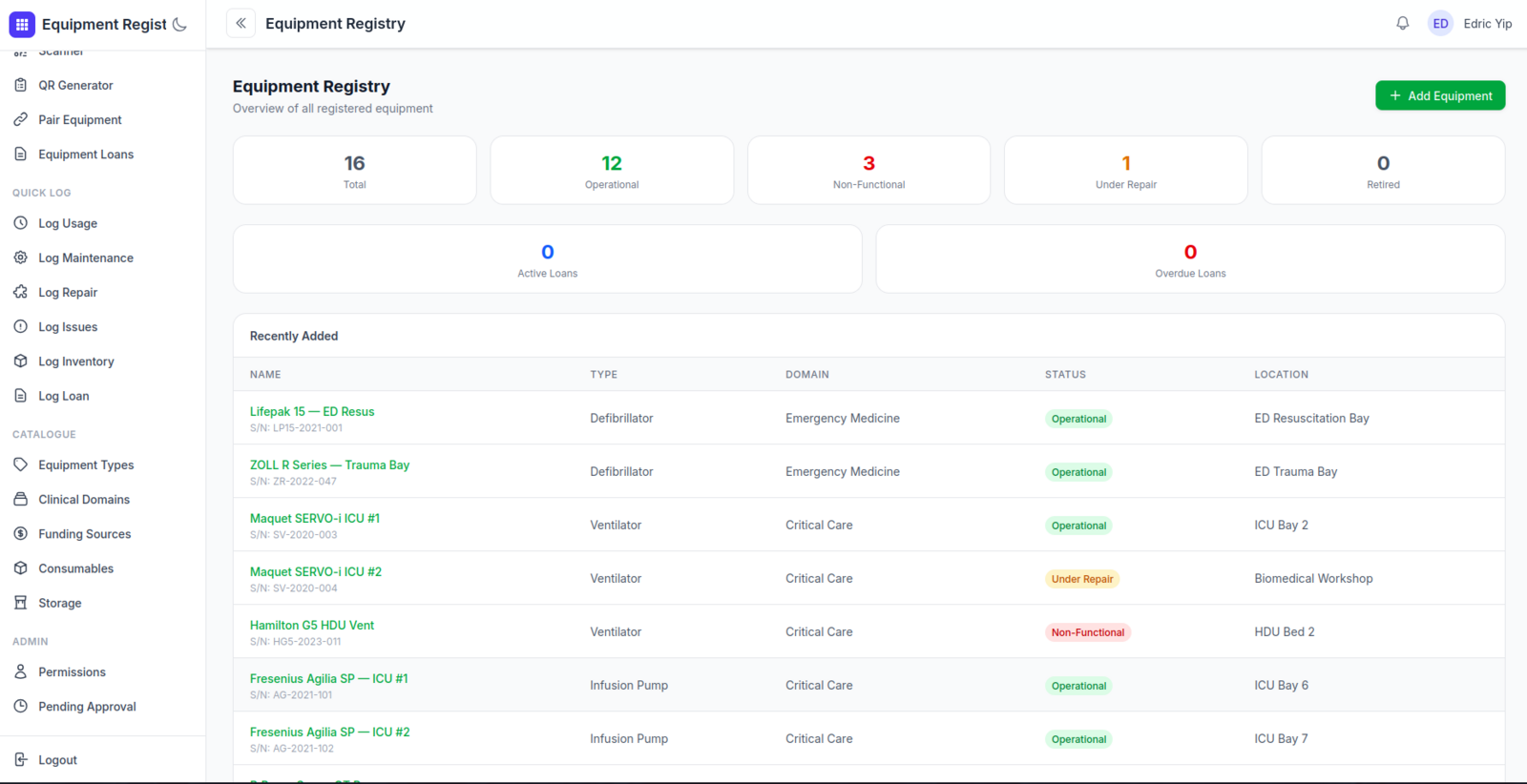 Equipment Registry screenshot